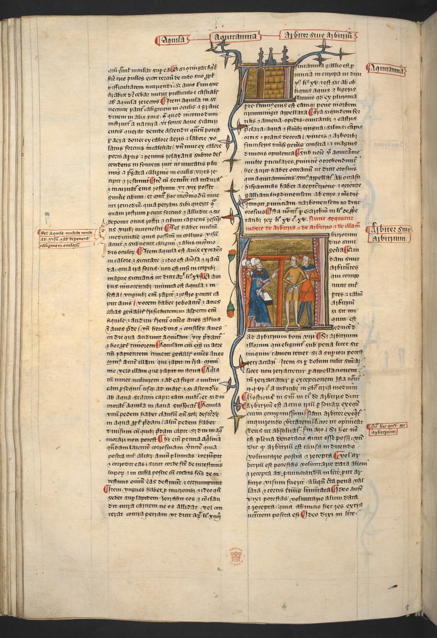 Royal 6 E VI, f.128v Arbiter, Arbitrium (tuomari, päätös), 
