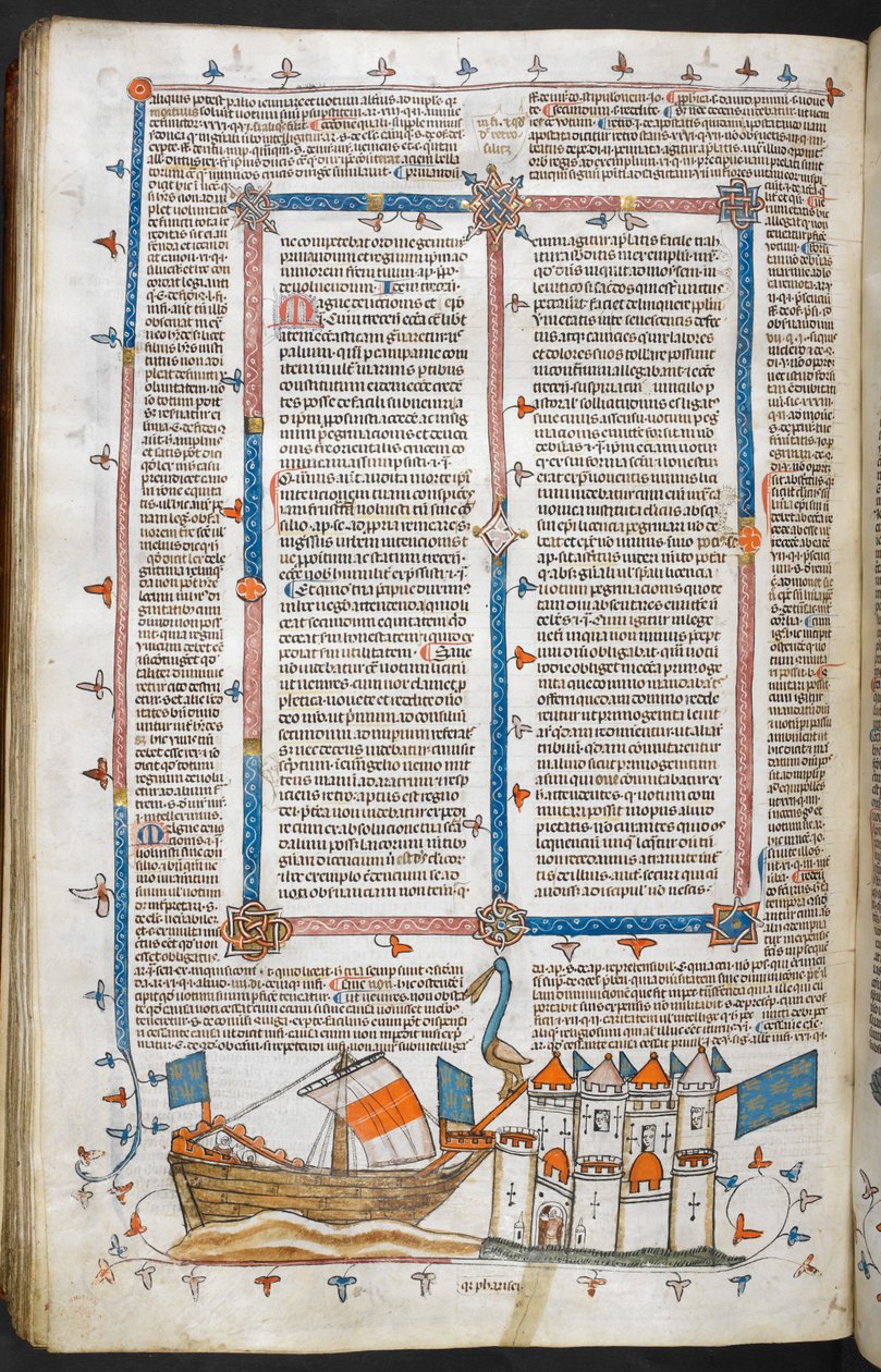 Royal MS 10 IV f.208v Laivaston hyökkäys ja marginaalikoristelu, kuvitus teoksesta "The Smithfield Decretals" (vellum) tekijältä English School