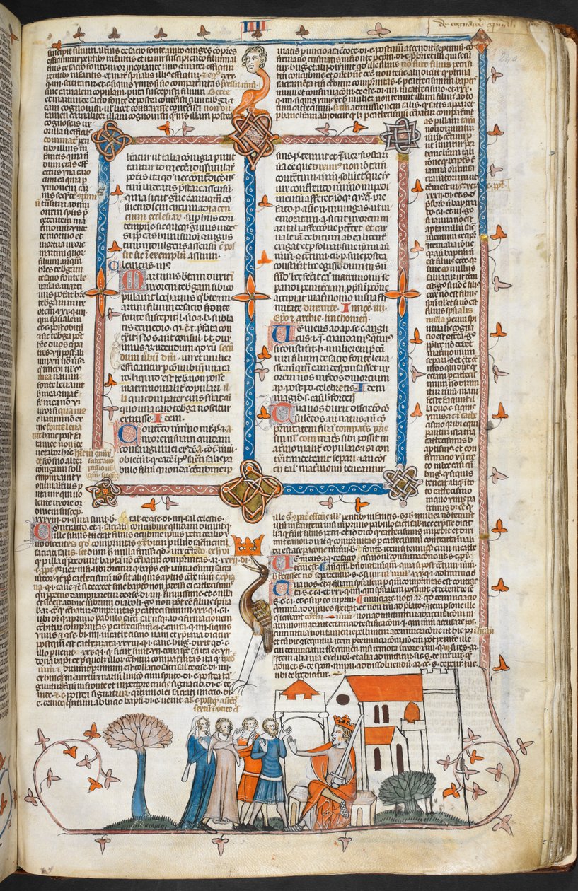 Royal MS 10 IV f.240r Kuningas puolustamassa palatsiaan ja reunakoristeita, kuvitus Smithfield Decretalsista (vellum) tekijältä English School