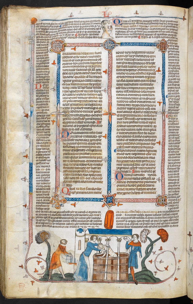Royal MS 10 IV f.297v Ruton uhrin kylpeminen ja marginaalikoristelu, kuvitus teoksesta "The Smithfield Decretals" (vellum) tekijältä English School