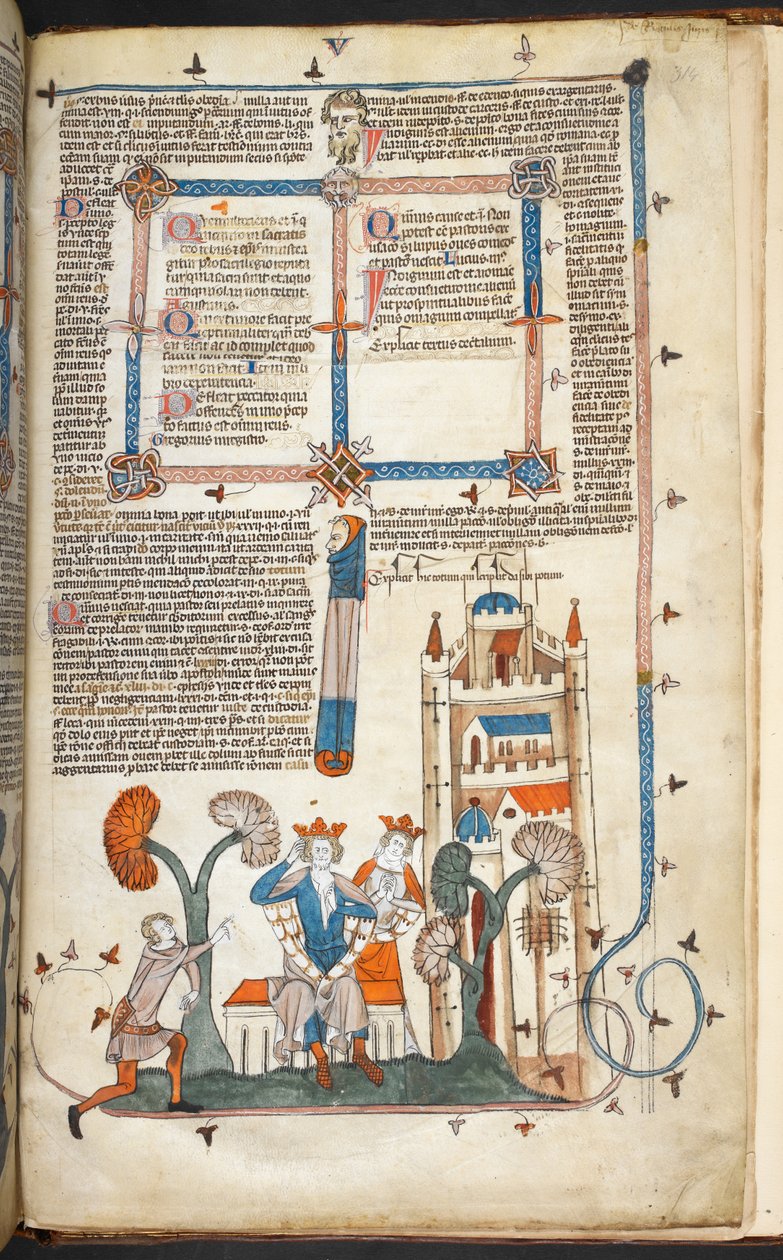 Royal MS 10 IV f.314r Kuningas, kuningatar ja heidän linnansa marginaalikoristeella, kuvitus Smithfield Decretalsista (vellum) tekijältä English School