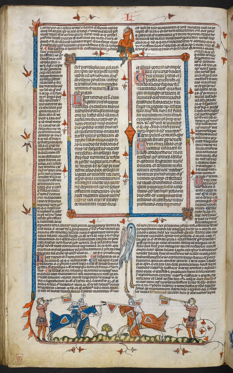 Royal MS 10 iv f.065v Knights Turnajaiset marginaalikoristeella, kuvitus Smithfield Decretalsista (vellum) tekijältä English School