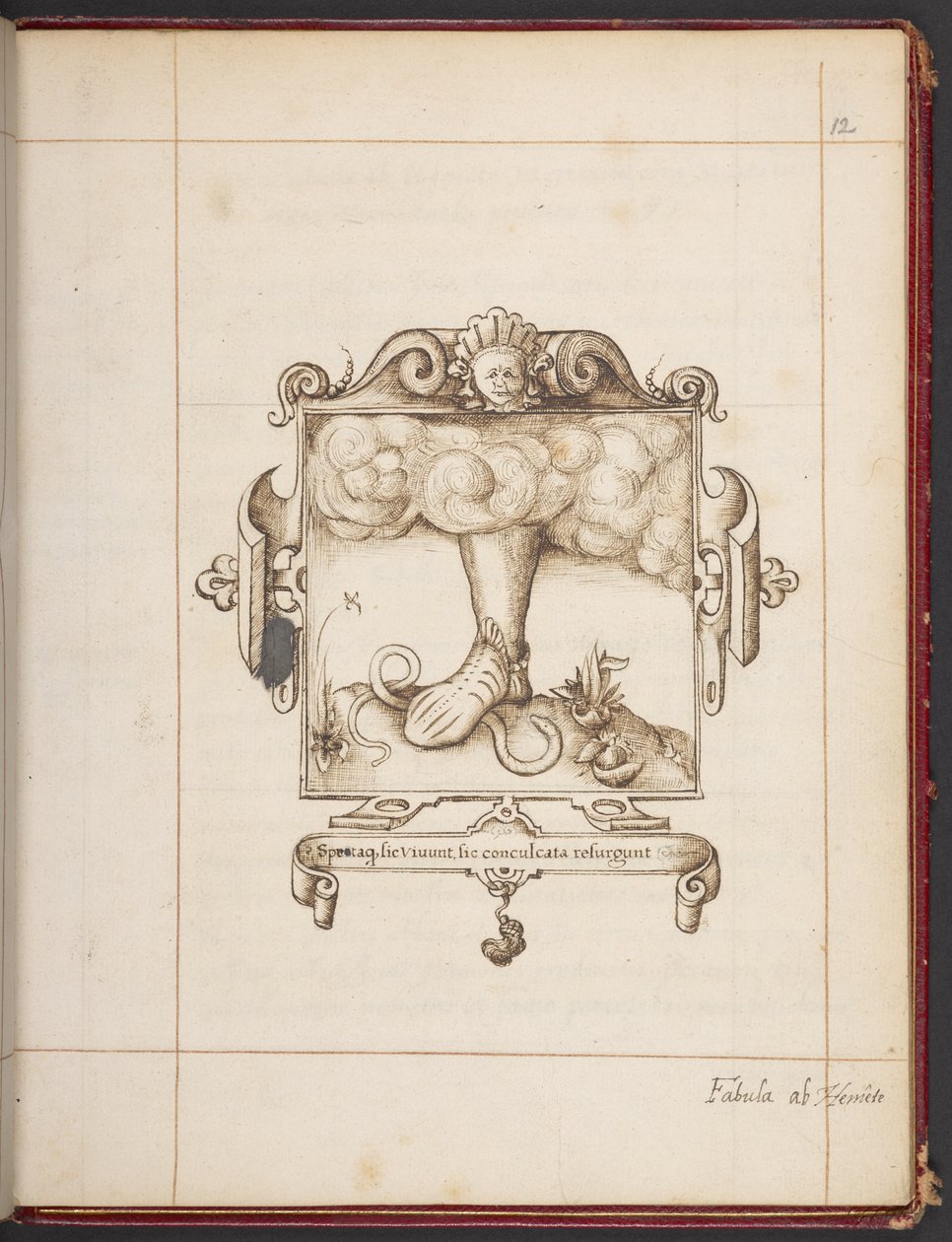 Royal MS 18 A XLVIII, fol. 12r, Tunnus latinalaisella mottolla George Gascoinen esittelykopiosta Hemetes the Erakko tekijältä English School
