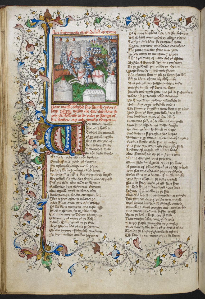 Royal MS 18 D II, f.66v, miniatyyri, jossa Hector tappaa Patrokluksen, valaistu alkukirjaimella 