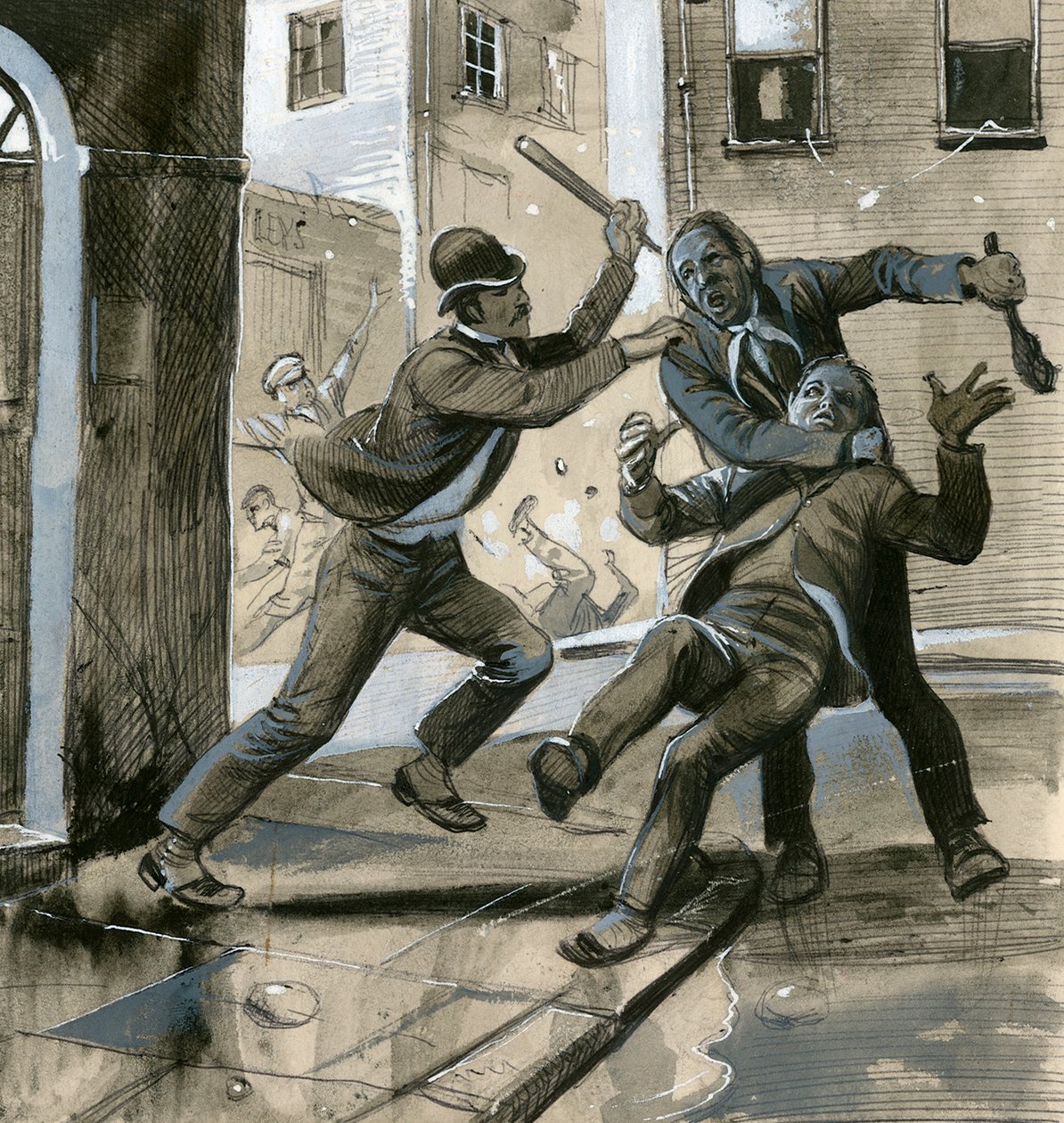 Kuninkaallinen merijalkaväki siviilipukuisena poliisina vuonna 1882 avustamassa Dublinin poliisia "Invincibles"-joukkoja vastaan. tekijältä English School