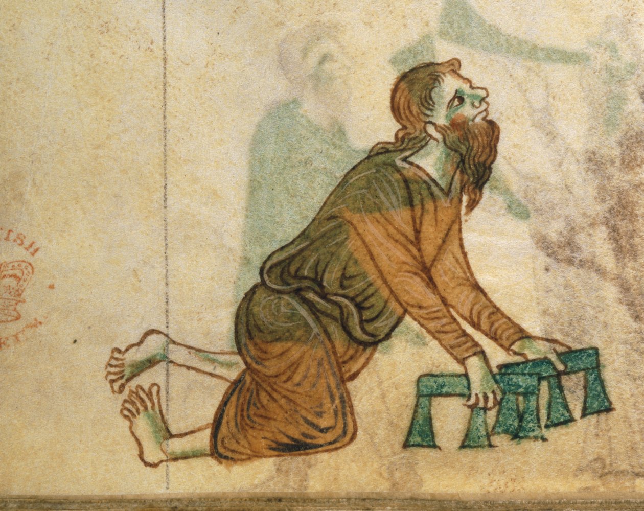 Royal Ms 13 B VIII fol.30v Rajautunut mies ryömii polvillaan, Gerald of Walesin Topografia Hibernicasta tekijältä English School