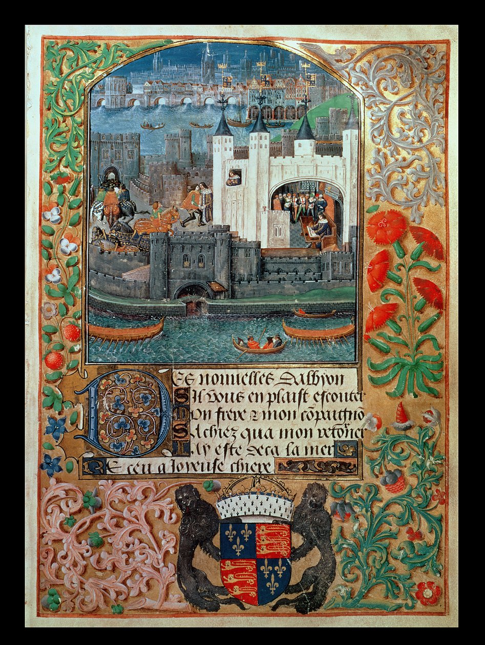 Royal Ms 16 F II, f.73: Tower of London ja merenkulku, Charles, Orleansin herttua istumassa Towerissa kirjoittamassa, teoksesta Poems of Charles Duke of Orleans, n. 1500 (vellum) tekijältä English School