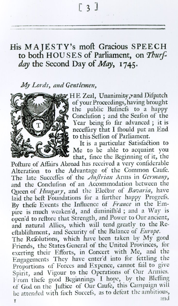 Kuninkaallinen puhe parlamentin molemmissa taloissa, 2. toukokuuta 1745 (tulostus) tekijältä English School