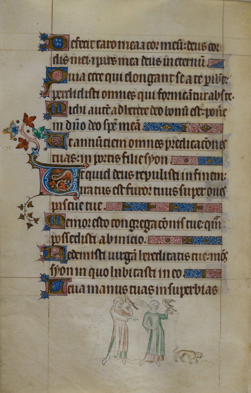 Royal ms 2_B VII f.177v Bas-de-page kohtaus kahdesta naisesta, jotka kantavat haukkoja ja pienestä koirasta heidän edessään, asutulla alkukirjaimella, kuvitus "Kuningatar Maria Psalterista" tekijältä English School