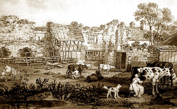Raunioitunut kartano lypsylehmillä, n. 1800 (kynä & seepiamuste paperille) tekijältä English School