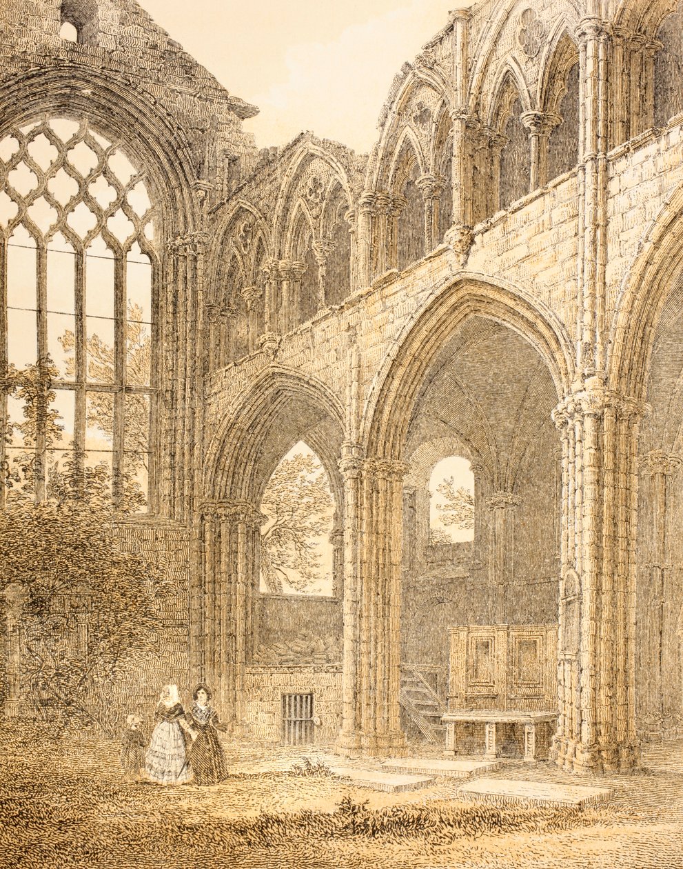 Holyrood Abbeyn rauniot ja kuninkaallisen holvin sisäänkäynti, John Howien The Scots Worthiesista, toinen painos, joka julkaistiin vuonna 1879 tekijältä English School
