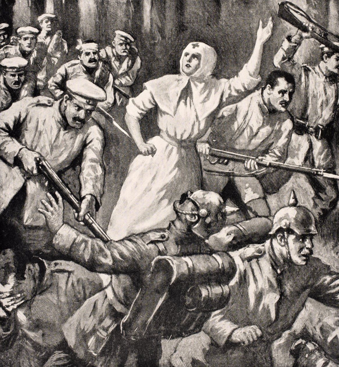 Venäläinen sairaanhoitaja Mira Miksailovitš Ivanoff johtamassa miehiä saksalaisia vastaan, 1915, Lontoossa vuonna 1916 julkaistusta The War Illustrated Album deLuxe -albumista. tekijältä English School