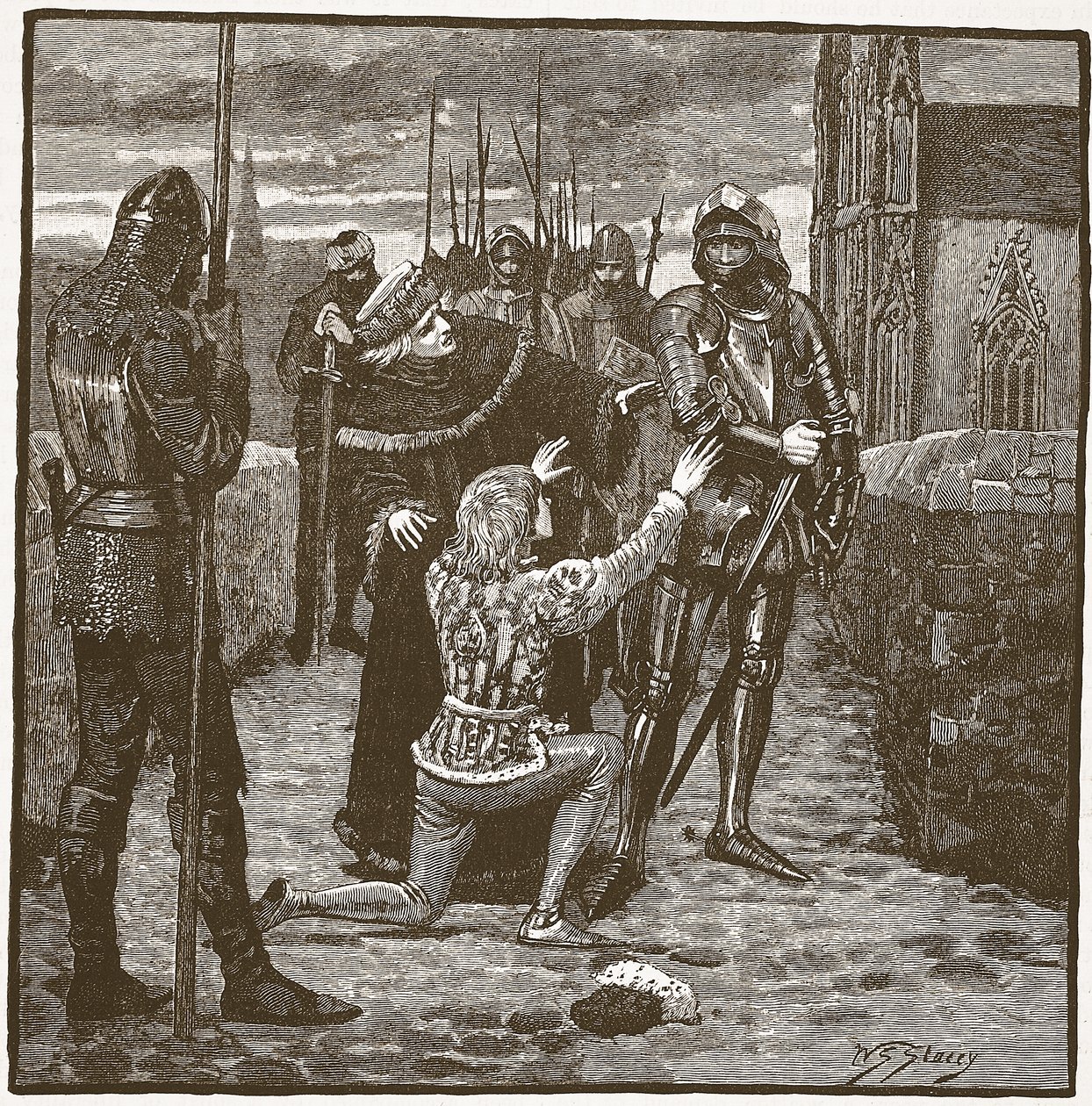 Rutland rukoilee Cliffordia säästämään henkensä, kuvitus Cassells Illustrated History of Englandista (seepiakuva) tekijältä English School
