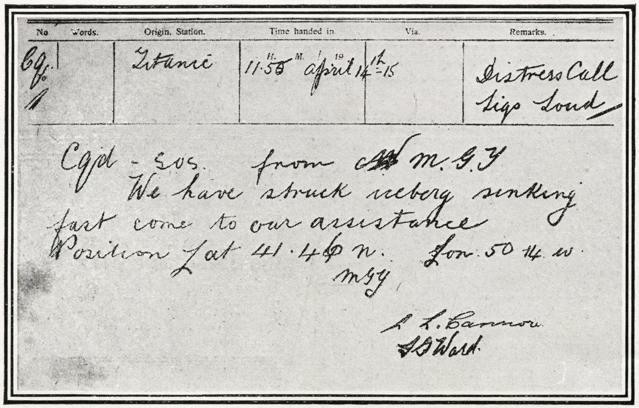 SOS-viesti, jonka venäläinen höyrylaiva Birma vastaanotti noin viisi minuuttia sen jälkeen, kun Titanic törmäsi jäävuoreen 15. huhtikuuta 1912 "The Sphereltä", 4. toukokuuta 1912. tekijältä English School