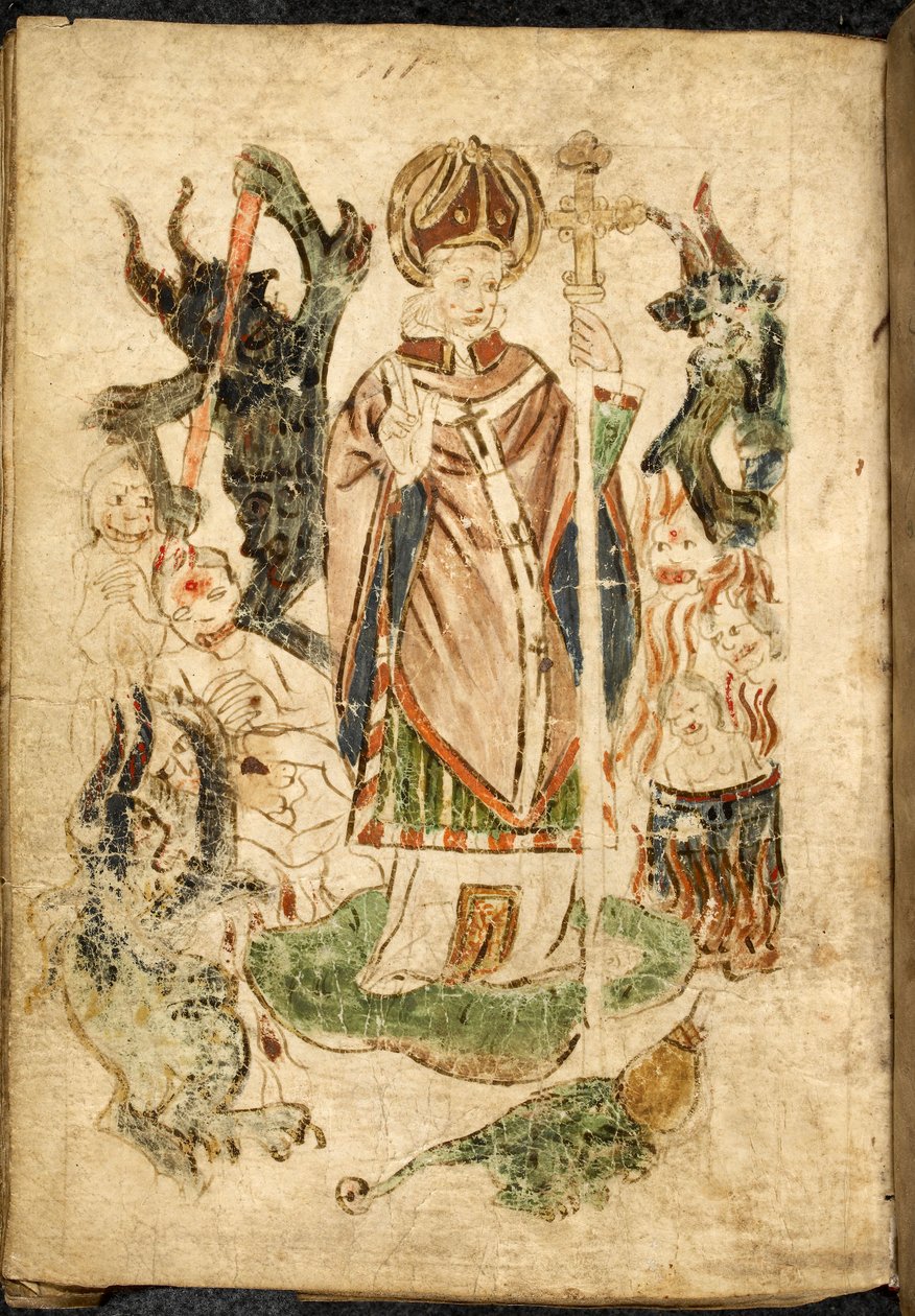 Pyhä Patrick piispanasussa, kädessään krusifiksi ja siunauksen ele, seisoo Lough Dergin saarella Donegalissa (Irlanti), demonien ja kiusattujen sielujen ympäröimänä. Kuva otettu kohteesta "Purgatory of Saint Patrick", englanninkielinen käsikirjoitus, m tekijältä English School