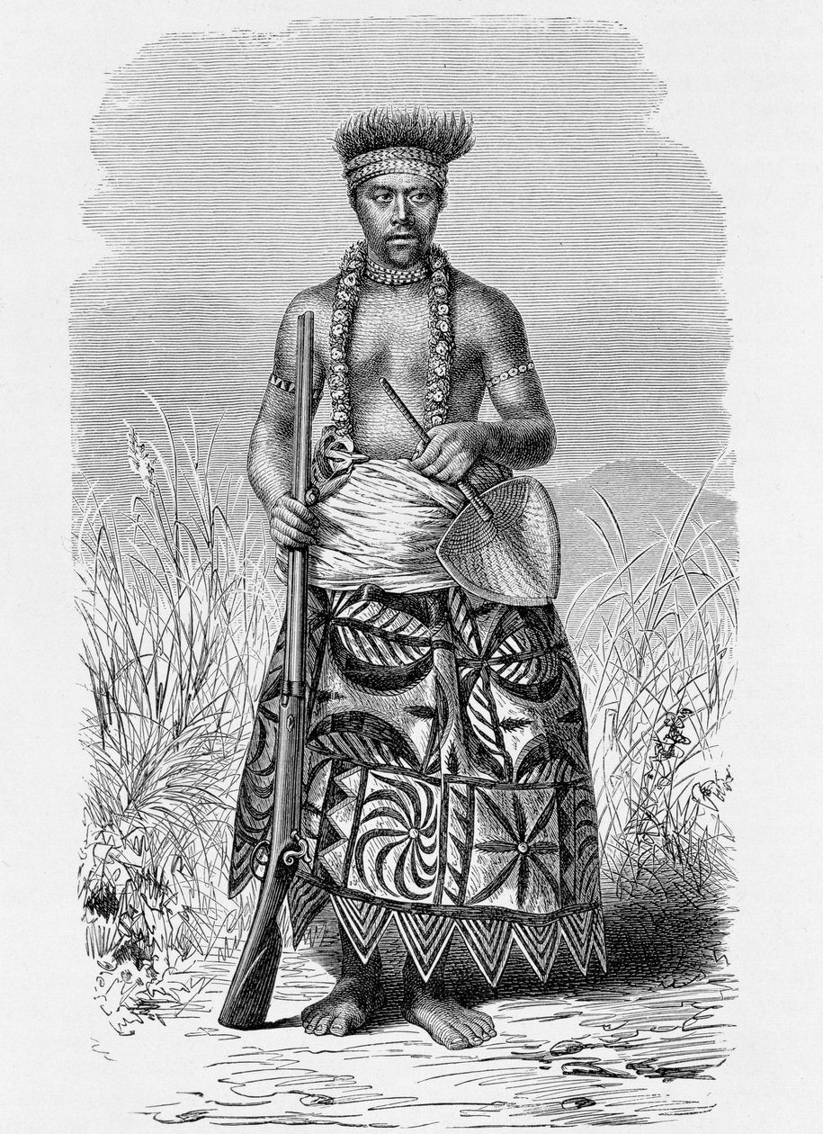 Samoalainen soturi tapa-asuissa, Prof. Friedrich Ratzelin The History of Mankind osasta 1, 1896 tekijältä English School