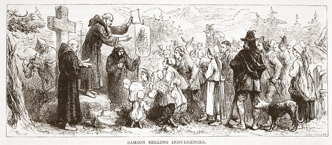 Samson Selling Indulgences, kuvitus James Aitken Wylien (1808-1890) Protestantismin historiasta, pub. 1878 tekijältä English School