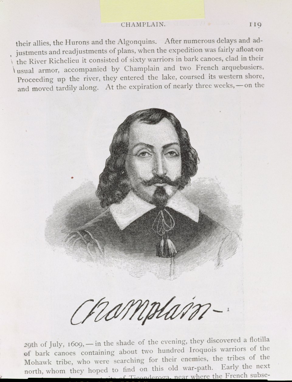 Samuel de Champlainin (n. 1567-1635) kuvitus julkaisun "Narrative and Critical History of America" IV osasta, 1886 tekijältä English School