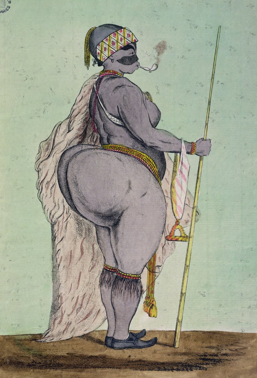 Sartjee, Hottentot Venus, nyt esillä Lontoossa, piirretty elämästä, n. 1810 tekijältä English School