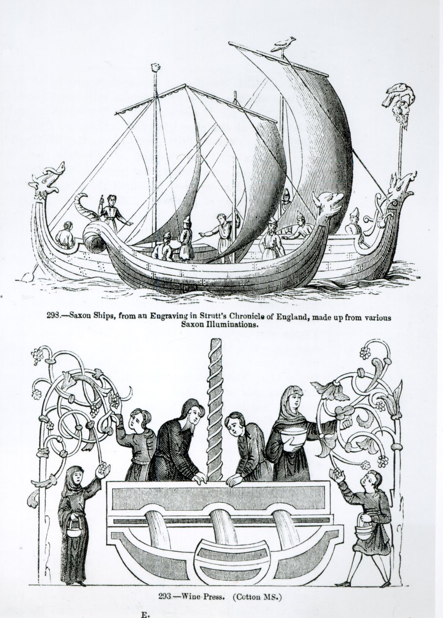 Saxon Ship, kaiverruksesta Strutts Chronicle of Englandissa ja viinipuristin tekijältä English School