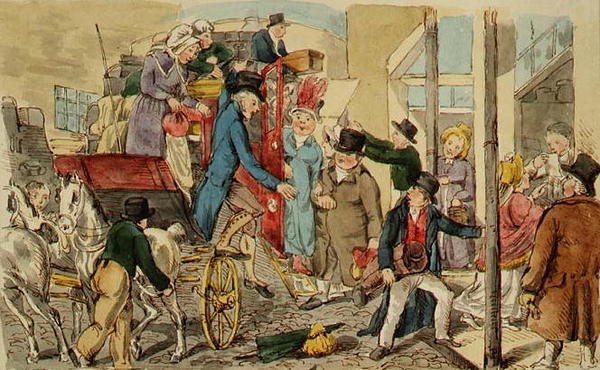 Kohtaus majatalon pihalla, Valmentajan saapuminen, n. 1820 (kynä ja muste ja akvarelli paperille) tekijältä English School