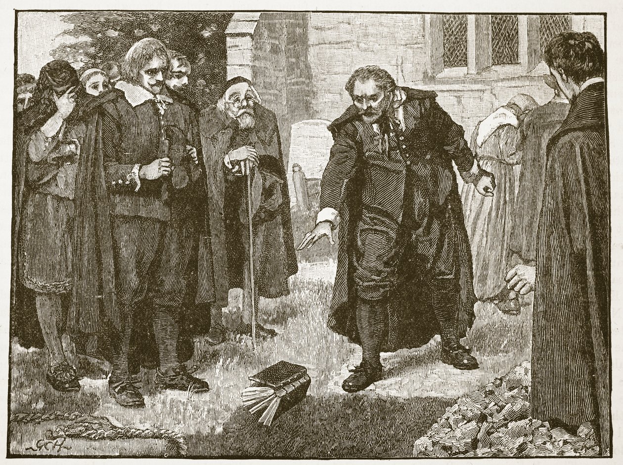 Kohtaus Chillingworthin hautajaisissa, kuvitus Cassells Illustrated History of Englandista (seepiakuva) tekijältä English School