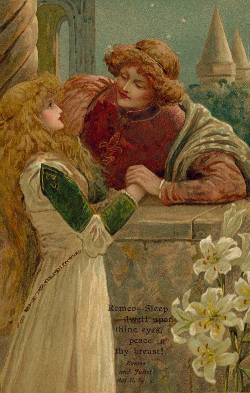 Kohtaus William Shakespearen Romeo ja Julia -teoksesta (värilitografia). tekijältä English School