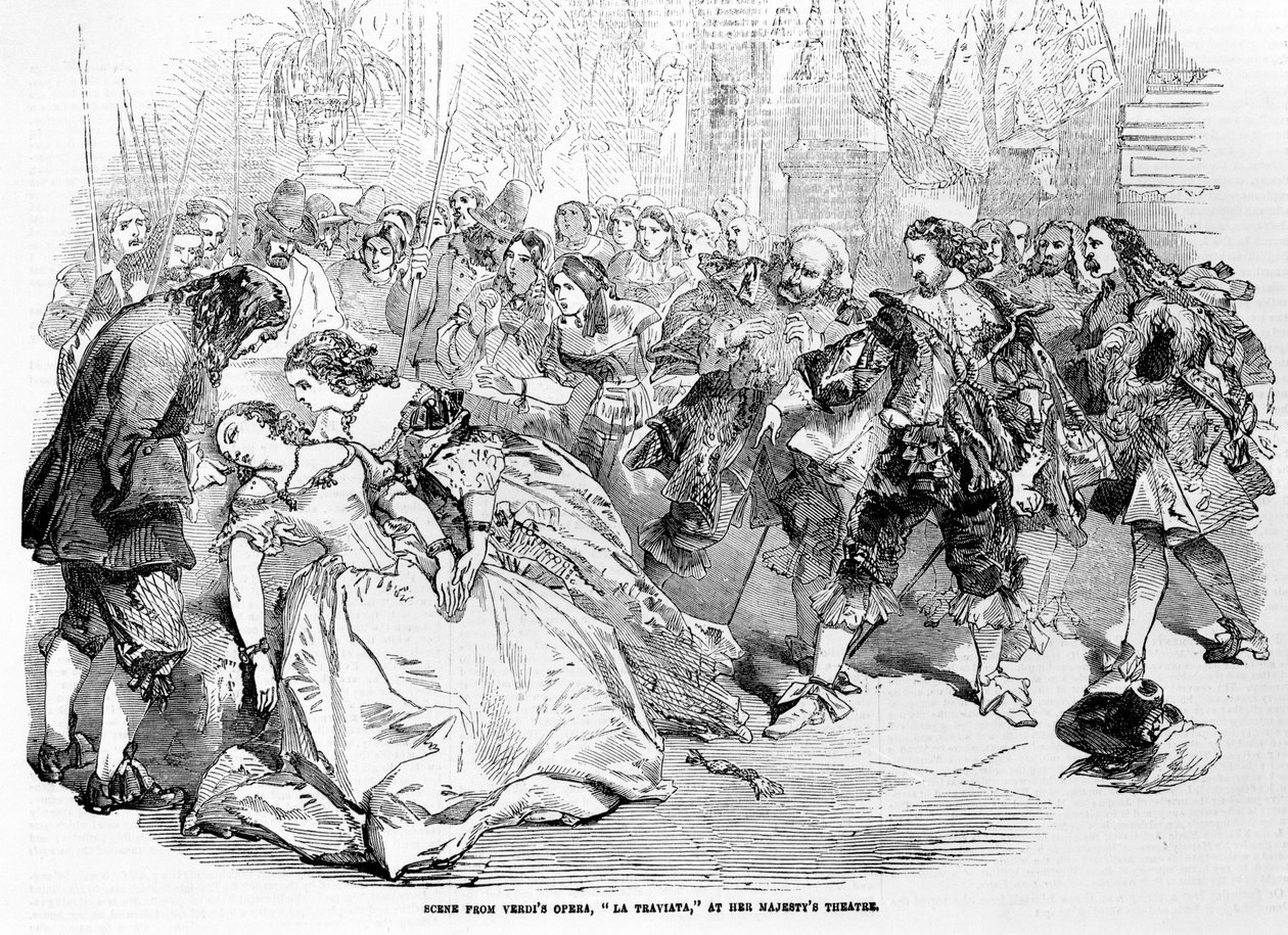 Kohtaus Verdin Opera La Traviatasta Hänen Majesteettinsa teatterissa, 1856 tekijältä English School