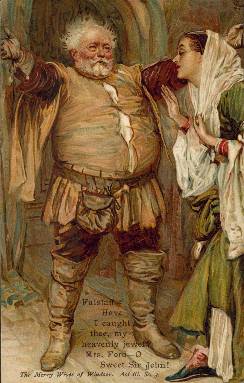 Kohtaus William Shakespearen "Wndsorin iloiset vaimot" -teoksesta (värilitografia). tekijältä English School