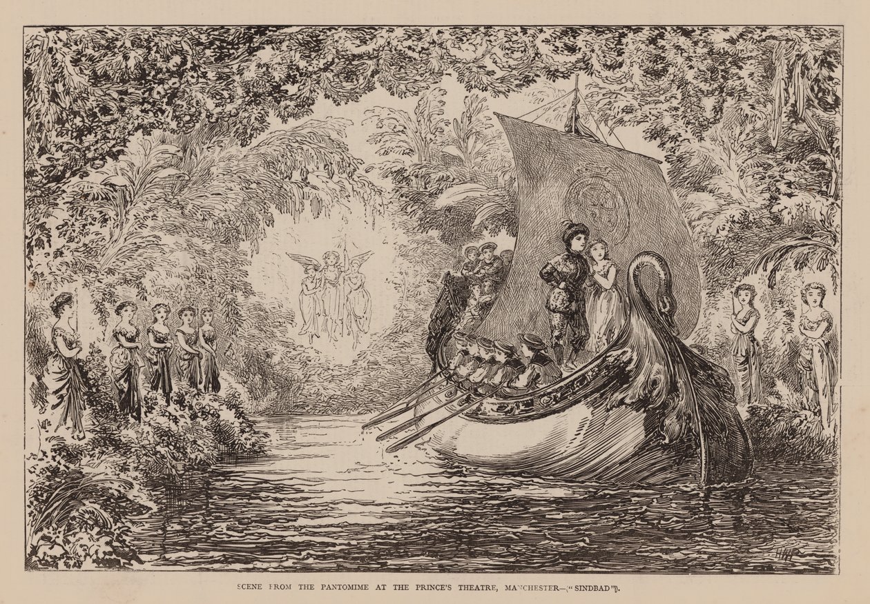 Kohtaus prinssiteatterin pantomiimista, Manchester, "Sindbad" (kaiverrus). tekijältä English School