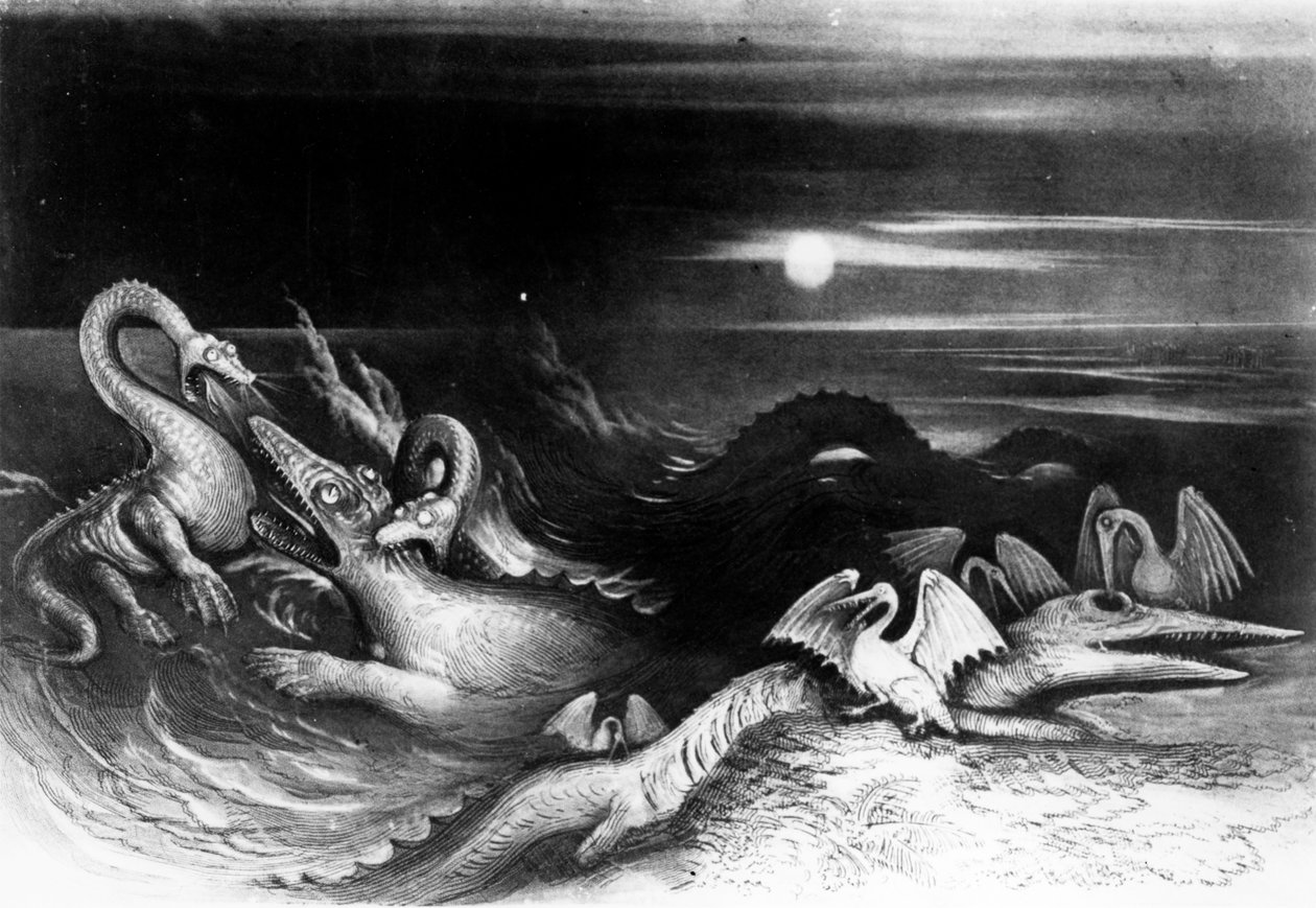 Sea Monsters Fight, Thomas Hawkinsin teoksesta "The Great Sea Dragons", 1840 (bw kuva) tekijältä English School