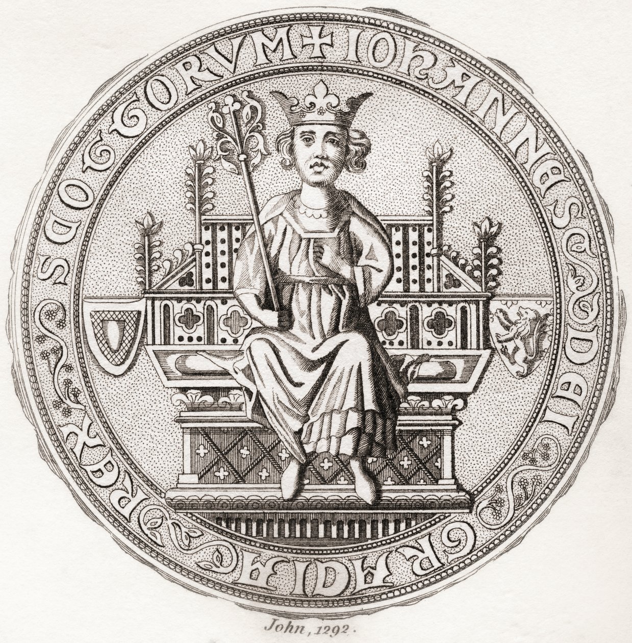 John Balliolin sinetti, n.?1249 1314, alias,Toom Tabard, skotti tarkoittaa "tyhjä takki", Skotlannin kuningas. Iconographia Scotica tai Skotlannin maineikkaiden henkilöiden muotokuvat, julkaistu 1797. tekijältä English School