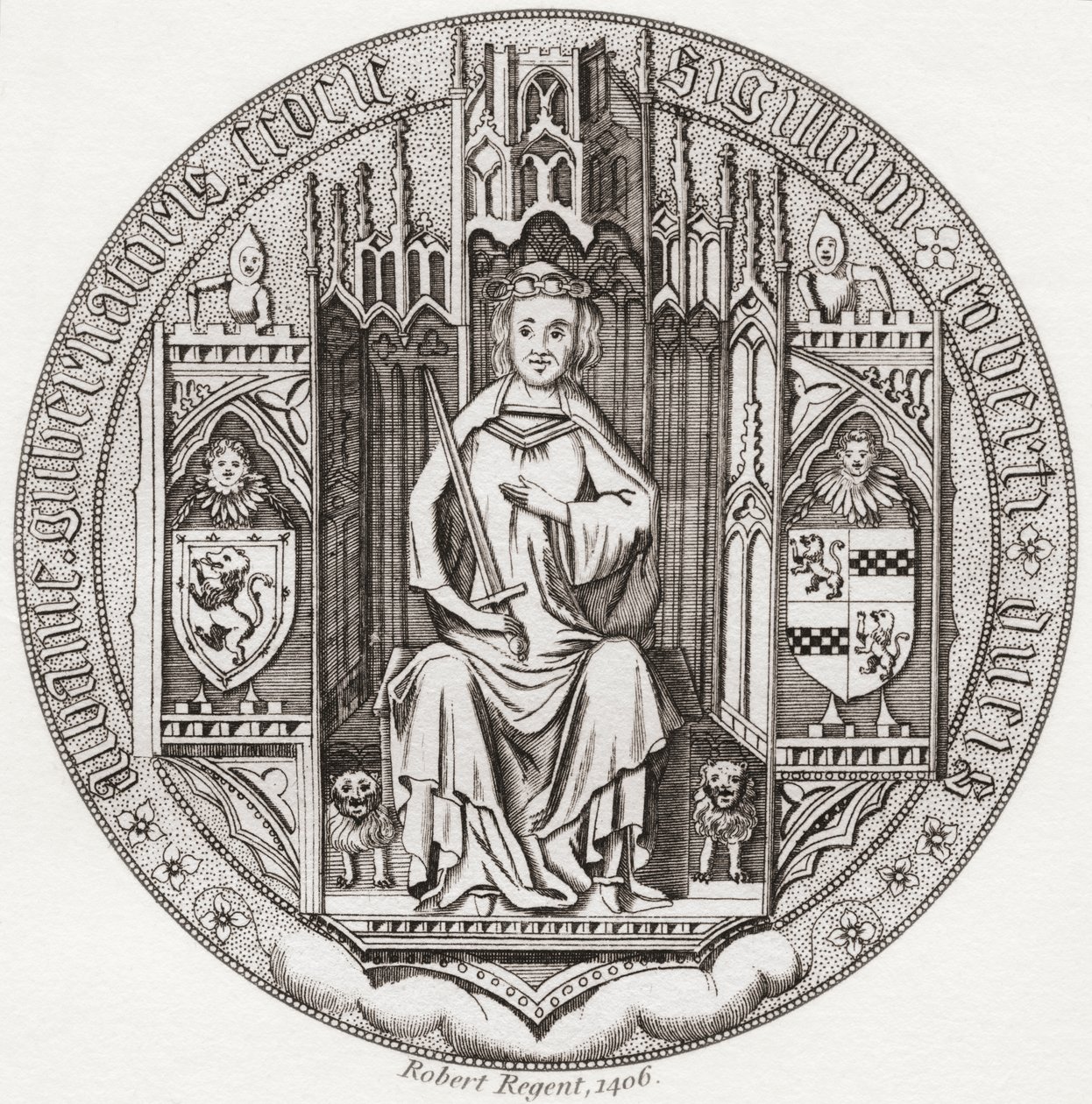 Robert Stewartin, Albanyn herttuan sinetti, n. 1340 1420. Skotlannin kuninkaallisen talon jäsen, valtionhoitaja, Skotlannin kuvernööri, Albanyn herttua, Earl of Fife & Menteith. Iconographia Scotica tai Skotlannin maineikkaiden henkilöiden muotokuvat, julk tekijältä English School