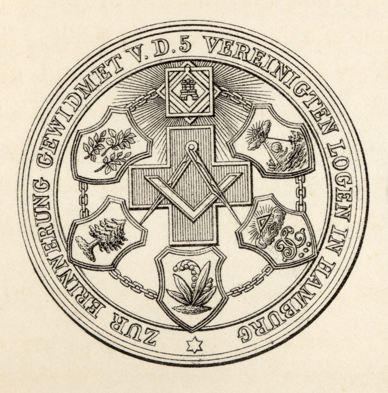 Hampurin vapaamuurarien sinetti, julkaisusta "The History of Freemasonry, osa III", julkaisija Thomas C. Jack, Lontoo, 1883 tekijältä English School