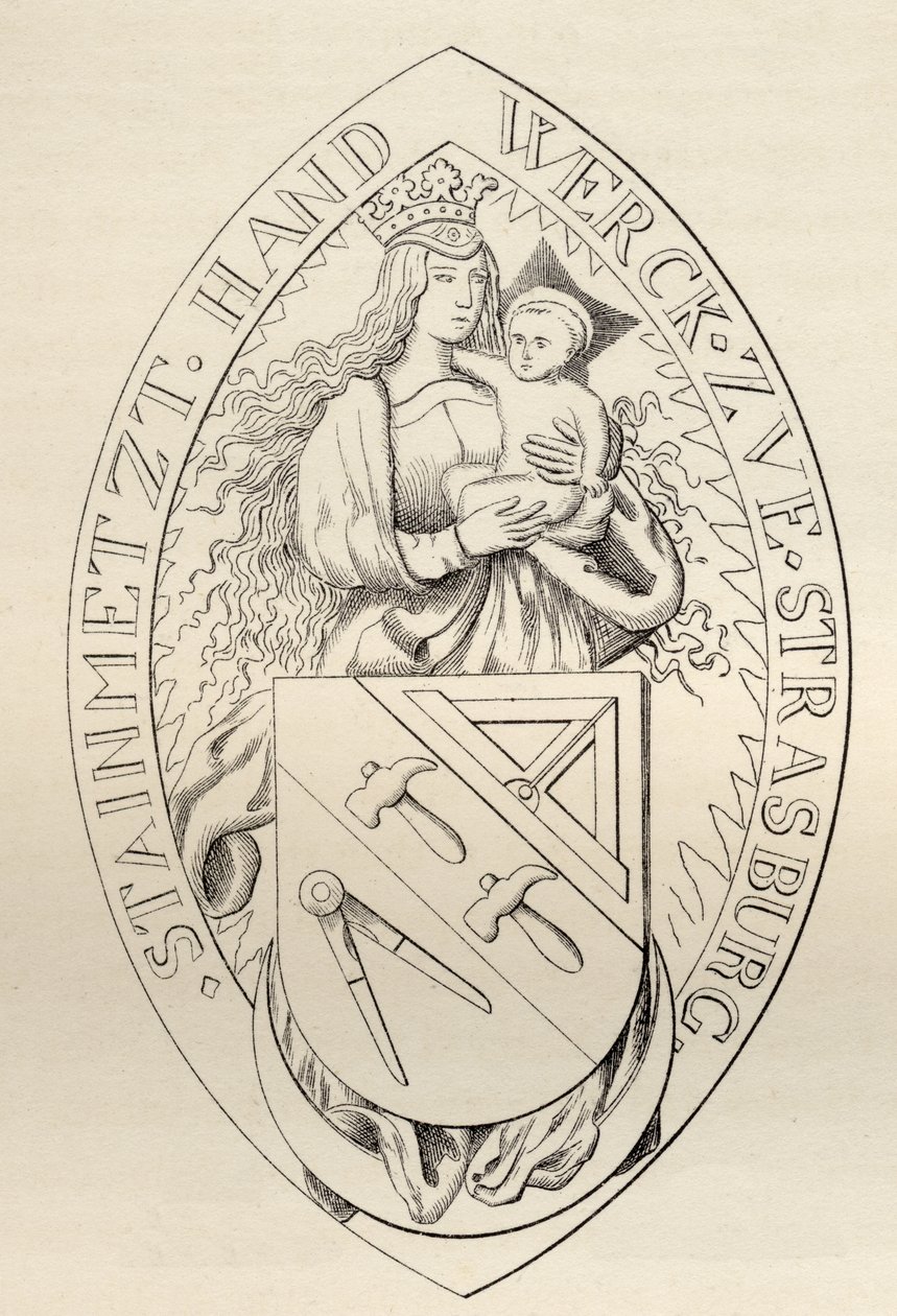 Strasbourgin vapaamuurareiden sinetti vuodelta 1524, teoksesta "The History of Freemasonry, volume II", julkaissut Thomas C. Jack, Lontoo, 1883. tekijältä English School