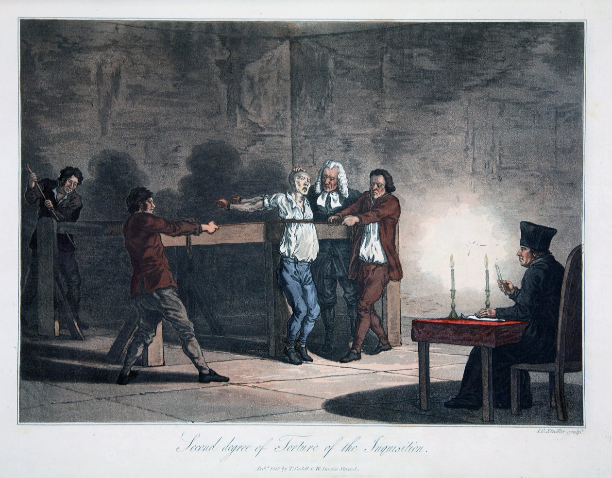 Inkvisition kidutuksen toinen aste, kaiverrus L.C. Stadler, pubi. kirjoittanut Cadell & Davies, Lontoo, n. 1813 (värikaiverrus) tekijältä English School