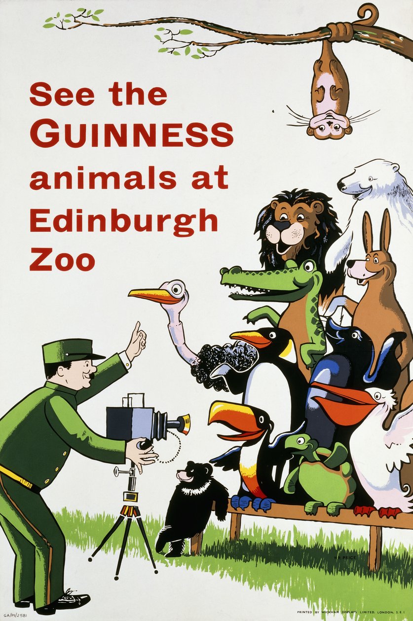 Katso Guinness-eläimet Edinburghin eläintarhassa, n. 1938 (värilitografia) tekijältä English School