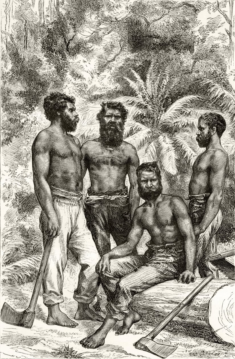Puolisivistyneet Victorian aborigines, Howard Willoughbyn "Australian Pictures" -julkaisusta, julkaisija Religious Tract Society, Lontoo, 1886 tekijältä English School