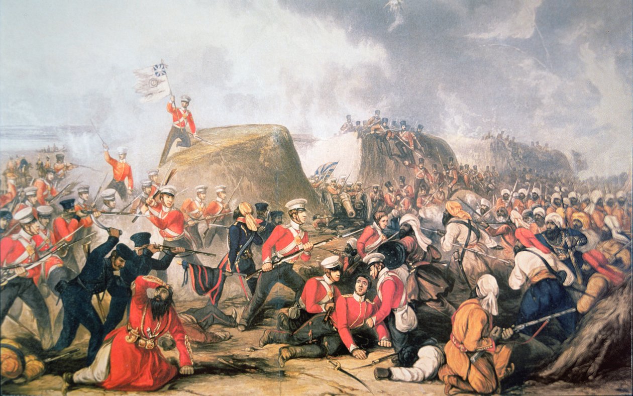 Sgt. McCabe nostaa värejä valleilla Sobraonin taistelussa (väri litho) tekijältä English School