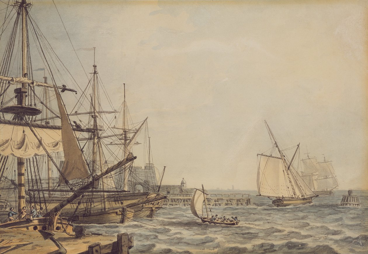 Laivaliikenne Hull-joen suulla, 1800-luvun alku (lyijykynä, tussi, muste ja vesiväri paperille). tekijältä English School