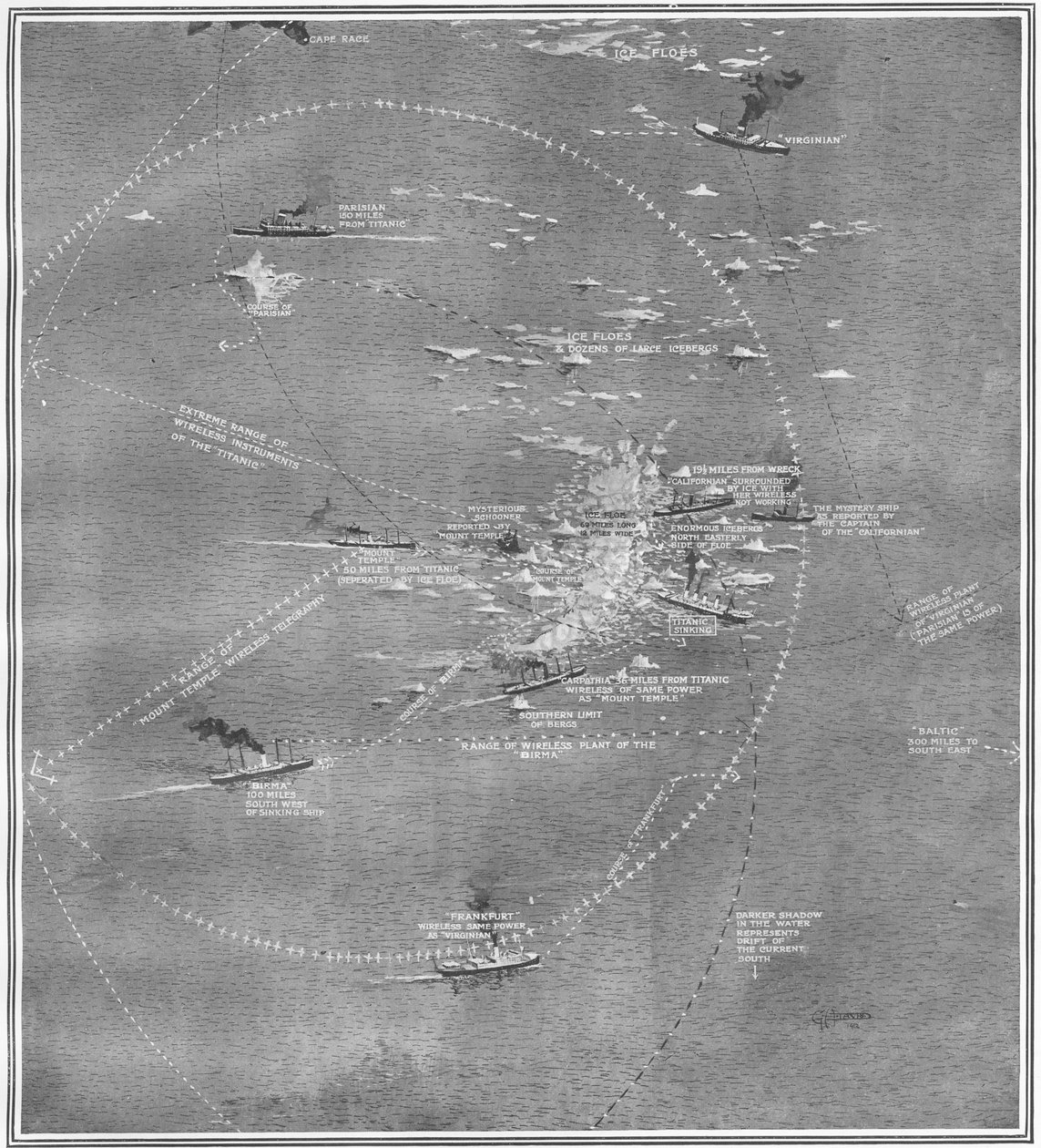 Laivat, jotka olisivat voineet pelastaa kaikki Titanicin matkustajat, jos tapahtumat olisivat olleet hieman erilaisia, kuin "The Sphere", 4. toukokuuta 1912 (litho) (450845:n yksityiskohta) tekijältä English School