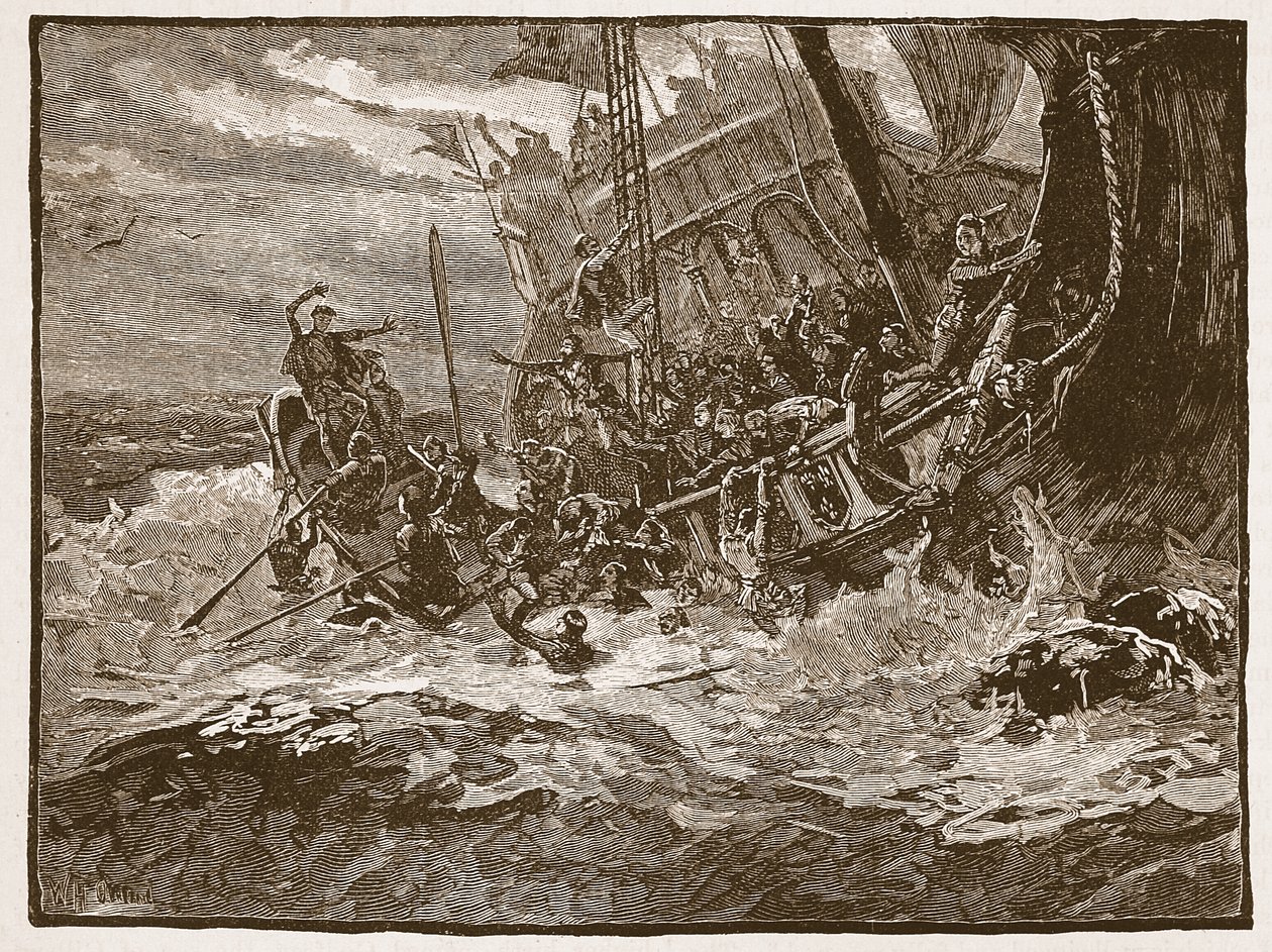 Prinssi Williamin haaksirikko, kuvitus Cassells Illustrated History of Englandista (seepiakuva) tekijältä English School
