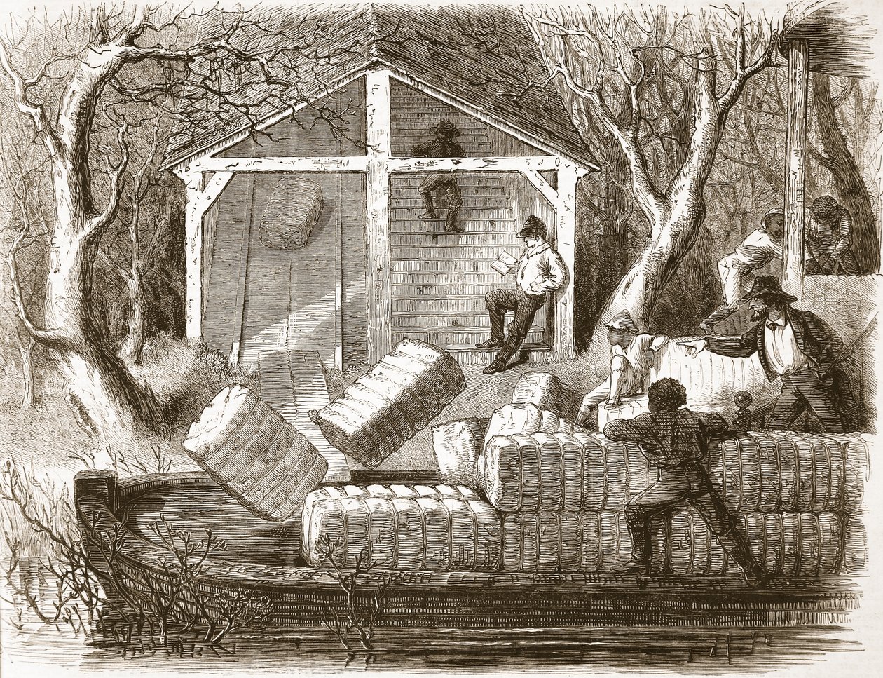 Cottin-paalien ampuminen höyrylaivan Magnolian keulaan, kuvitus The Illustrated London Newsista, 1861 tekijältä English School