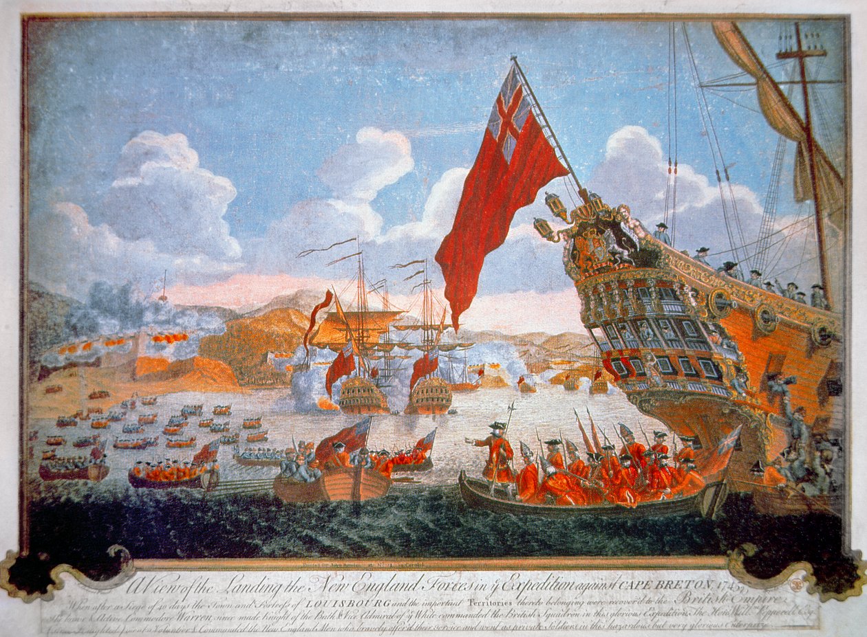 Ranskalaisen Louisbourgin linnoituksen piiritys vuonna 1745 brittialusten ja Uuden-Englannin siirtomaavallan toimesta (väri litho) tekijältä English School