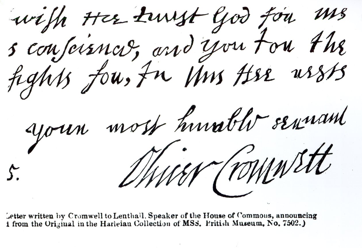 Oliver Cromwellin (1599-1658) allekirjoitus käsin kirjoitetusta kirjeestä Lenthallille, alahuoneen puhemiehelle (kynä ja muste paperille) tekijältä English School