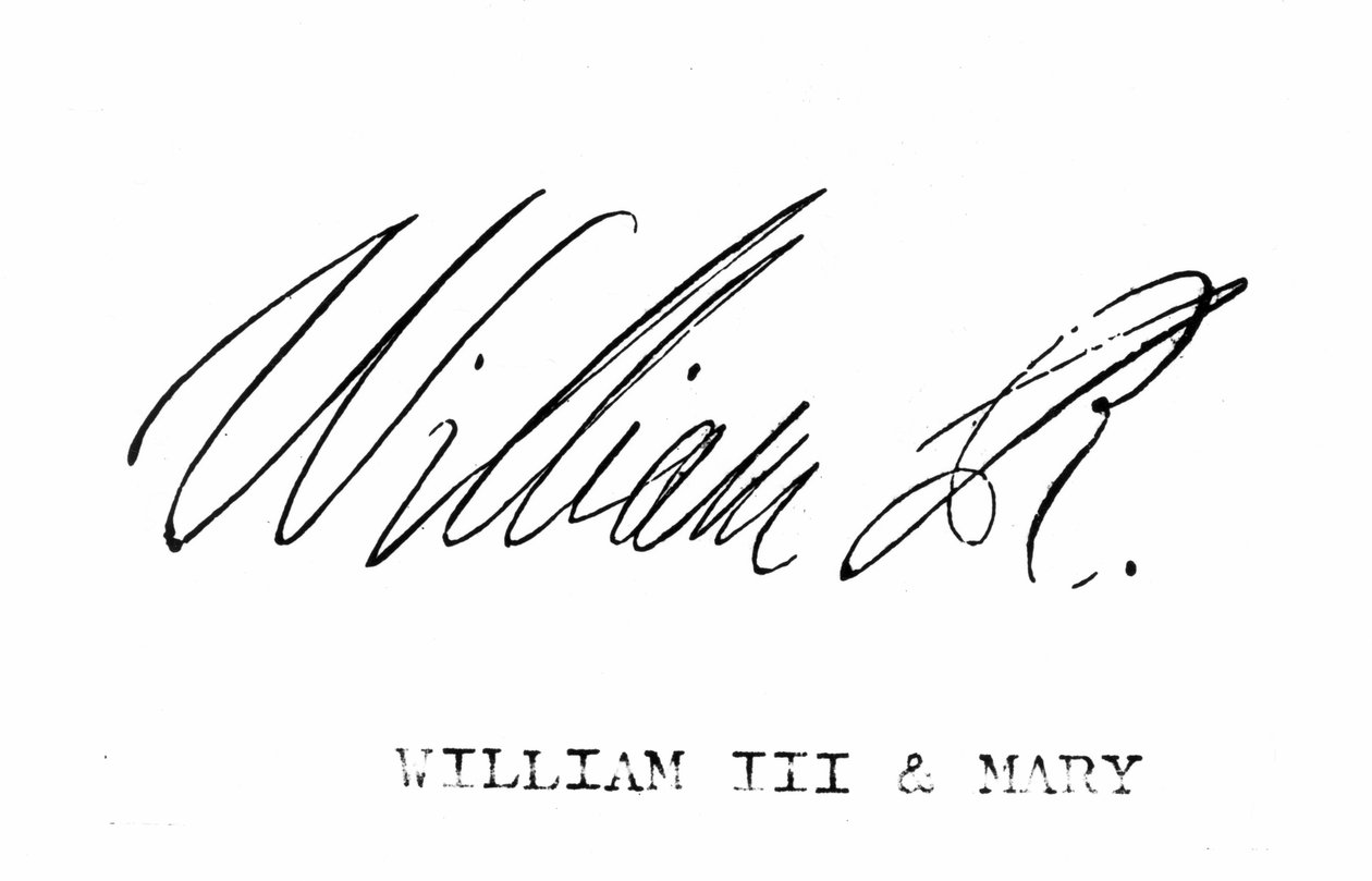 Englannin William III:n allekirjoitus William Hickman Smith Aubreyn (1858-1916) julkaisusta The National and Domestic History of England, julkaistu Lontoossa, noin 1890 tekijältä English School