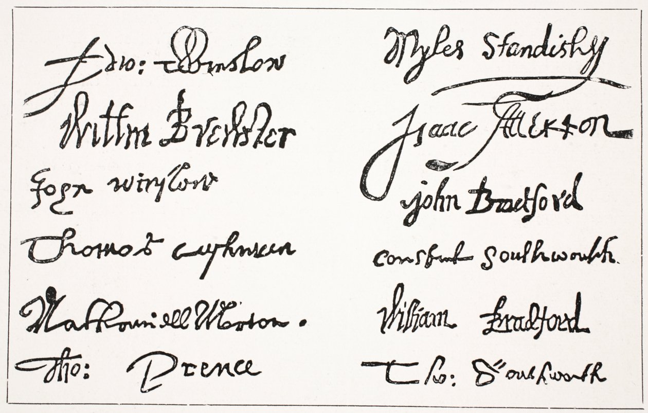 Pyhiinvaeltajien allekirjoitukset, kuvitus Hutchinsons Story of the British Nationista, n. 1923 tekijältä English School