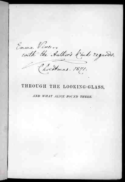 Lewis Carrollin (1833-98) allekirjoitettu sivu "Alice Through the Looking-Glass" 1871 (litho) tekijältä English School