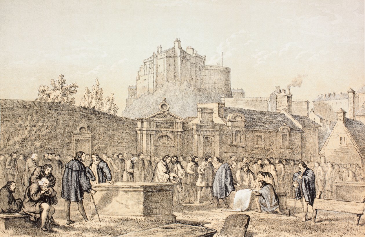 Liiton allekirjoittaminen Greyfriars Churchyardissa Edinburghissa vuonna 1638 John Howien (1735–1793) teoksesta The Scots Worthies mukaan Howie