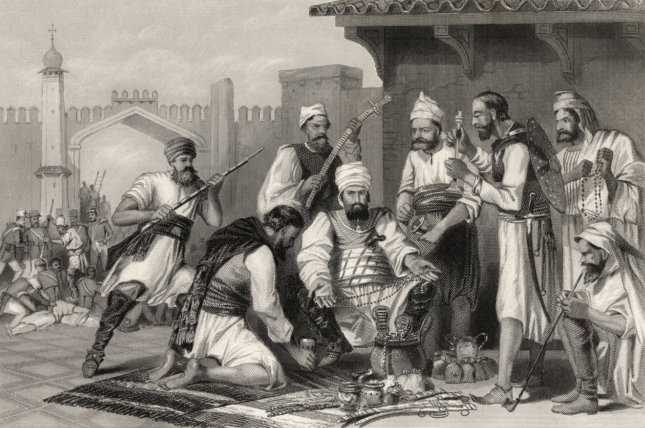 Sikhien joukot jakavat kapinallisilta otetun saaliin, vuonna 1858 julkaistusta "Intian kapinan historiasta" tekijältä English School